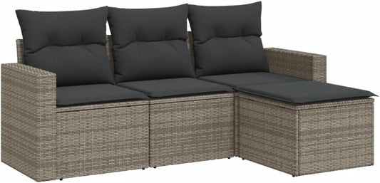 vidaXL 4-Piece Lounge Set with Cushions Poly Rattan Grey, Garden Set, Garden Furniture, Patio Set, Garden Furniture, Lounge Sofa, Lounge Set Garden - QUORE