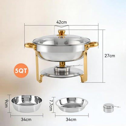 4 Pack Chafing Dish Buffet Set 5 Qt, 5L RVS Chafing Dishes, Ronde Catering Warmer Server met Glazen Deksel & Cover Houder, Voedsel Warmers voor Feesten, Bruiloft, Verjaardag (Sliver-Glas)