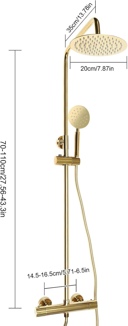 Douche Systeem – Regendouche – Handdouche – Douche Set – Badkamer Douche – Geborsteld Goud – Verstelbare Hoogte 70-110 cm – Thermostatische Temperatuurregeling 0-80°C