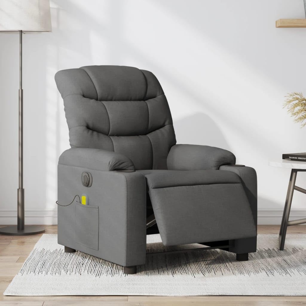 Elektrische Relaxstoel – Fauteuil – Massagestoel – Ligstoel – Wellnessstoel – 6-Punts Trillingsmassage – Stabiel Hout-Metaal Frame – Donkergrijze Stof – Groot Zitvlak – USB Bediening