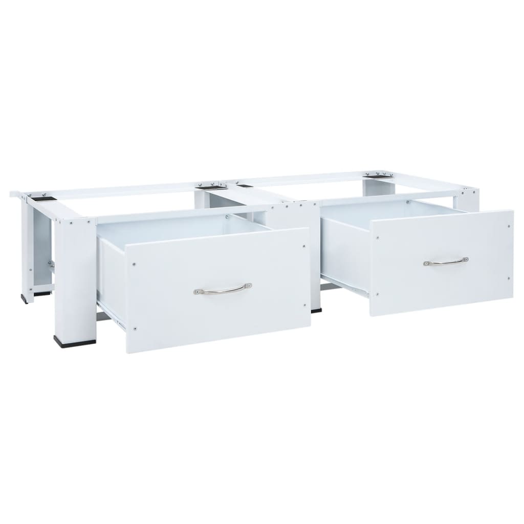 Wasmachine- en Drogerstandaard – Wasmachine Steun – Drogerverhoger – Wasautomaat Onderstel – Laundry Organizer – Stevig Stalen Frame – 2 Opbergladen – Antislipvoetjes – 200 kg Draagvermogen – Wit