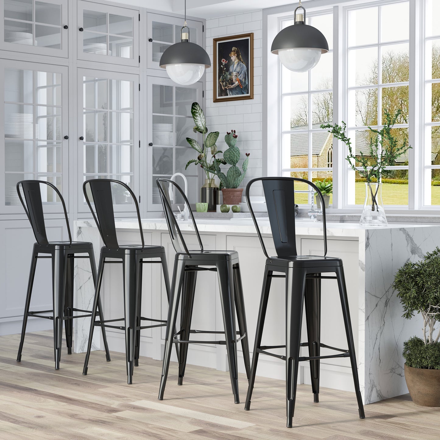Barstoel – Barkruk – Barstoel Kruk – Barkrukken – Keukenstoel – Industrieel Design – Met Rugleuning en Voetsteun – Zithoogte 76,5 cm – Zwart Metaal