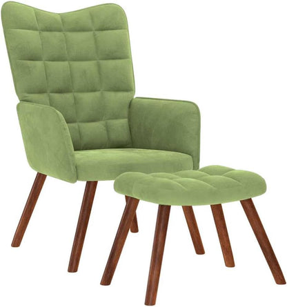Relaxstoel met kruk, lichtgroen, fluweel, relaxstoel met armleuningen, loungestoel, televisiestoel, oorfauteuil voor woonkamer, slaapkamer, kantoor