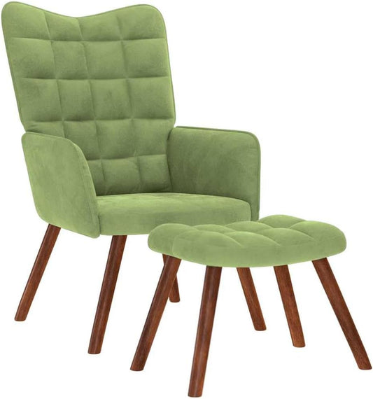 Relaxstoel met kruk, lichtgroen, fluweel, relaxstoel met armleuningen, loungestoel, televisiestoel, oorfauteuil voor woonkamer, slaapkamer, kantoor