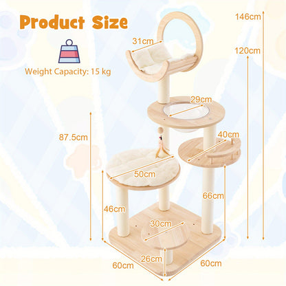 Kattenboom – Krabpaal – Klimpaal – Kattenhuis – Kattenmeubel – 4-in-1 Houten Design – Sisal Krabpalen & Comfortabel Kussen – Beige – Compact 146 cm Hoog