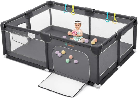 COMOMY Playpen for Babies and Toddlers, 188 x 127 x 66 cm Extra Large, Baby Playpen 4 Pull Rings, Soft and Breathable Net, Activity Centre for Kids, Dark Grey - QUORE