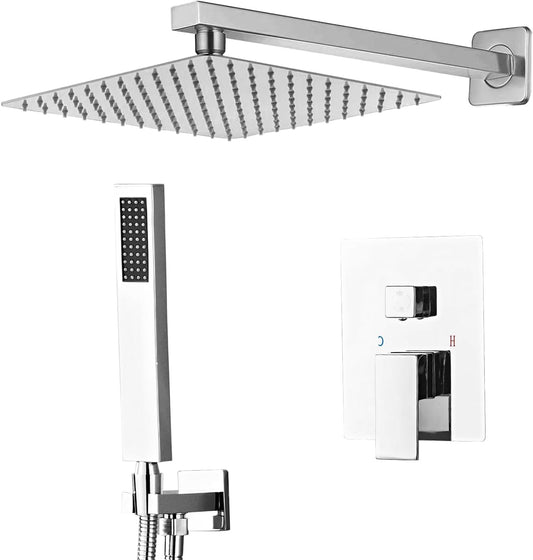 Inbouw Douche Set – Inbouwdouche – Wanddouche – Thermostaatloze Douchekraan – Douchecombinatie – RVS Met Chroom Afwerking – Vierkante Hoofddouche 25x25 cm