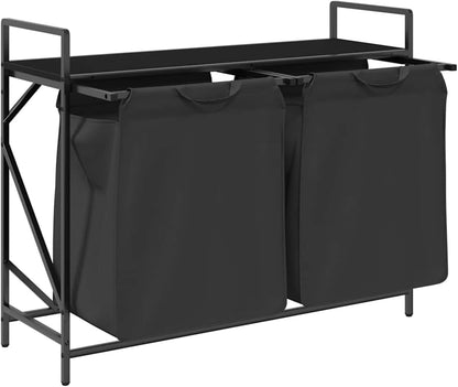 Wasmand – Laundry Basket – Wasbox – Wasopberger – Waszakken – Met Twee Compartimenten – Bovenste Opbergrek – Zwart Stalen Frame – Eiken Houtlook