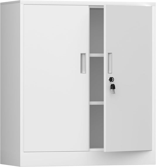 Dossierkast, kantoorkast, opbergkast, metalen kast, stalen kast, opbergkast van metaal met afsluitbare deuren en 2 verstelbare planken, 92 x 80 x 40 cm (wit, 92 H cm)