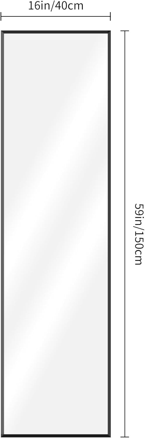 Rechthoekige full-body spiegel, 150 x 40 cm, staande spiegel met zwart aluminium frame, grote wandspiegel, vloerspiegel voor slaapkamer, entree, hal, woondecoratie