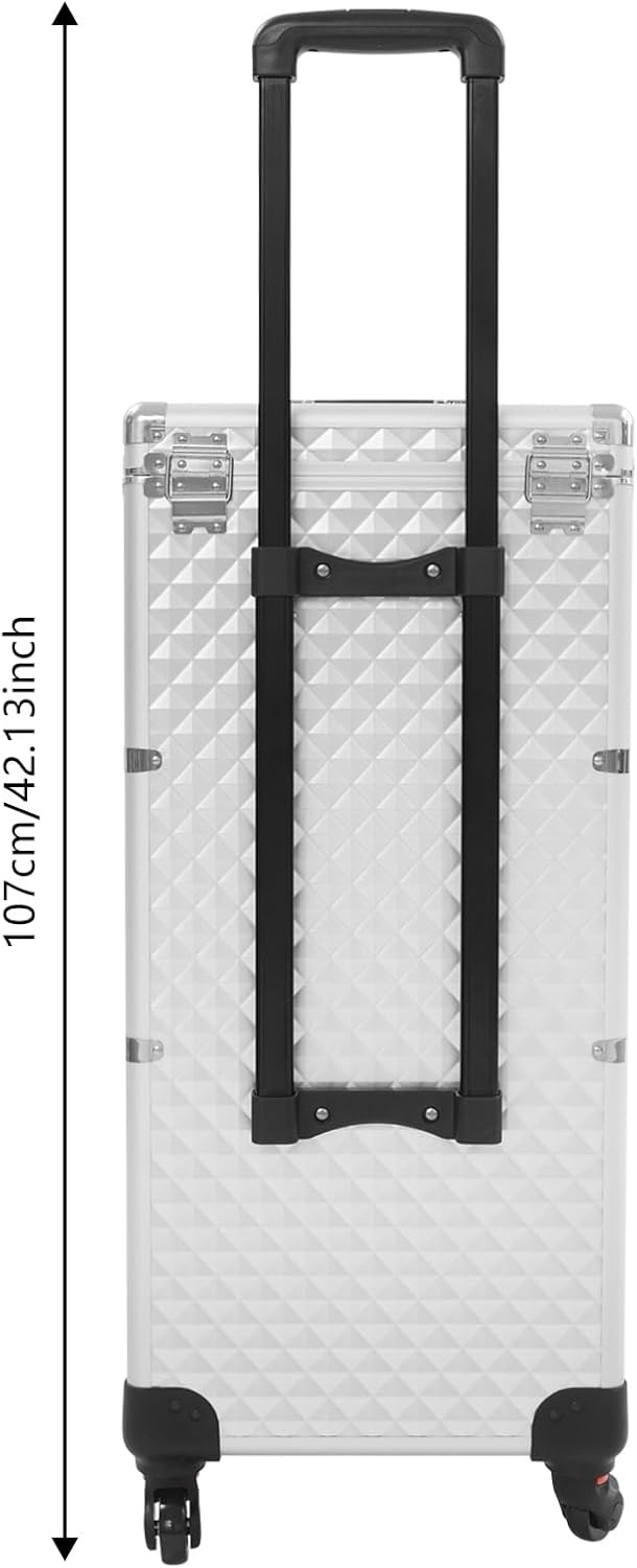 OUKANING Professional Makeup Case Trolley with Lock 3 Drawers and Telescopic Handle Shockproof Aluminium Cosmetic Case with 4 Wheels for Makeup Artists Travel Salon (Silver, Water Cube Pattern - QUORE