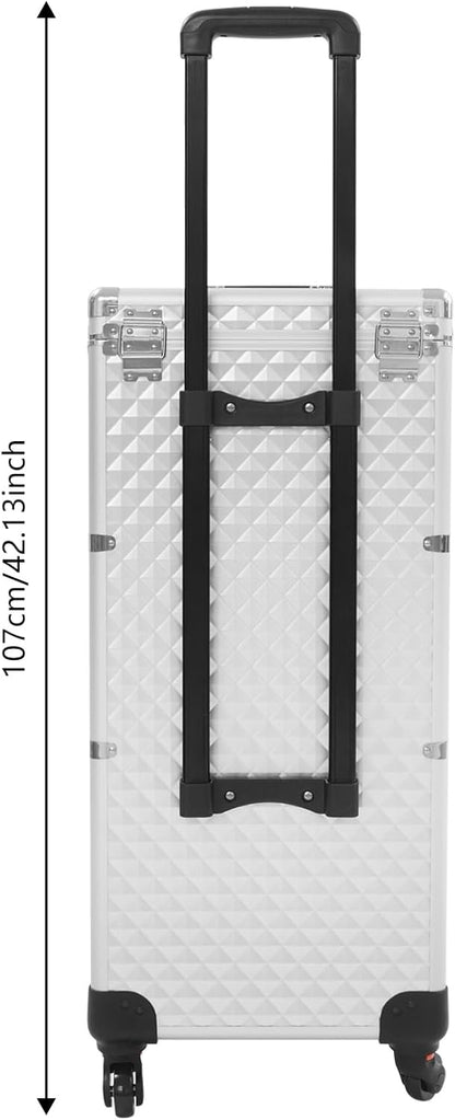 OUKANING Professional Makeup Case Trolley with Lock 3 Drawers and Telescopic Handle Shockproof Aluminium Cosmetic Case with 4 Wheels for Makeup Artists Travel Salon (Silver, Water Cube Pattern - QUORE