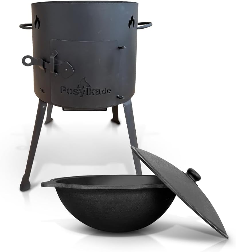 Utschak KazanoFF Fire Oven with Cast Iron Pan Round Base with Lid (10 Litres) Outdoor Fire Bowl Camping Kazan Goulash Cannon Dutch Oven (Set 2)