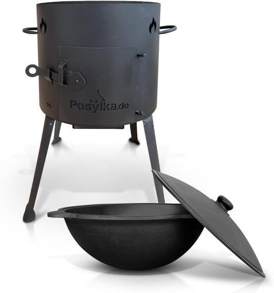 Utschak KazanoFF Fire Oven with Cast Iron Pan Round Base with Lid (10 Litres) Outdoor Fire Bowl Camping Kazan Goulash Cannon Dutch Oven (Set 2)