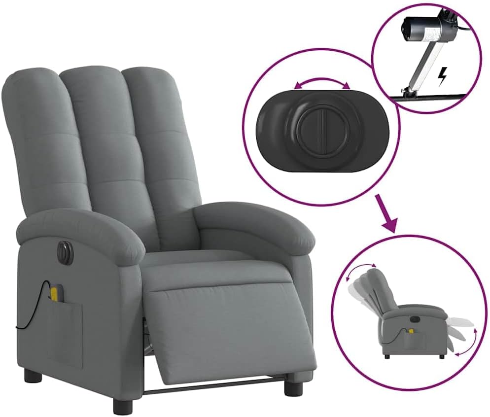 Massagestoel – Elektrische Massagestoel – Relaxstoel – Televisiestoel – Stoel Met Ligfunctie – Donkergrijs Stof – 6-Punts Vibratiemassage – Elektrisch Kantelsysteem Tot 135 Graden