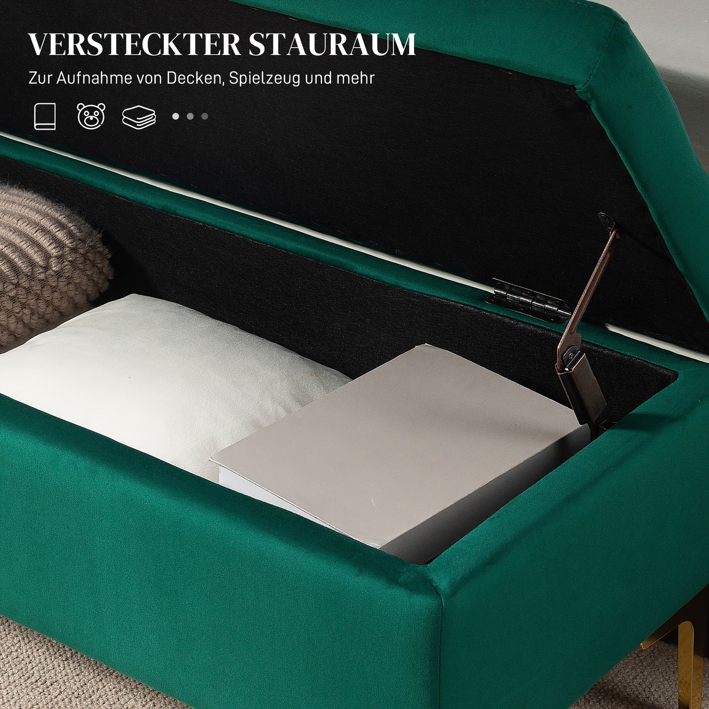 Poef – Zitzak – Voetenbankje – Kruk – Bankje – Opbergruimte – Fluwelen Bekleding – 120x44x44,5 cm – Metalen Poten – Groen