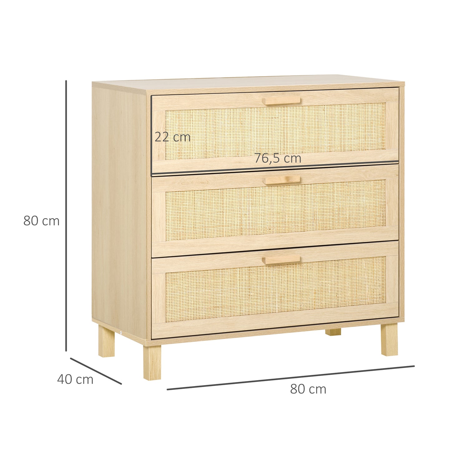 Commode – Ladekast – Dressoir – Opbergkast – Kast – 3 Ruime Lades – MDF Licht Houtdecor 80x40x80 cm