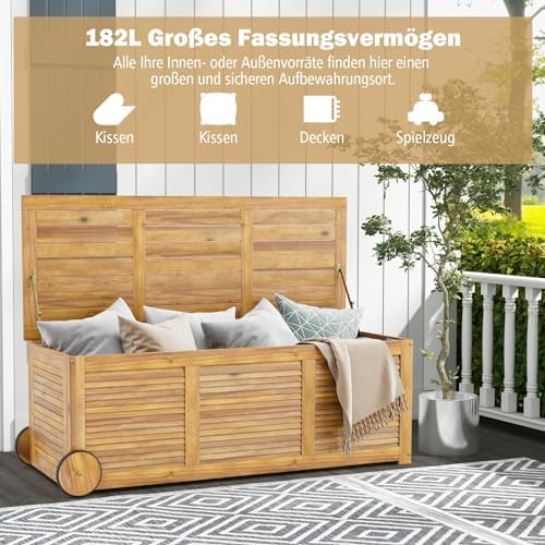 FANTASK Houten tuinbox, opbergbox met wieltjes, opbergdoos met waterdichte 2-in-1 afdekking en handvat, naturel
