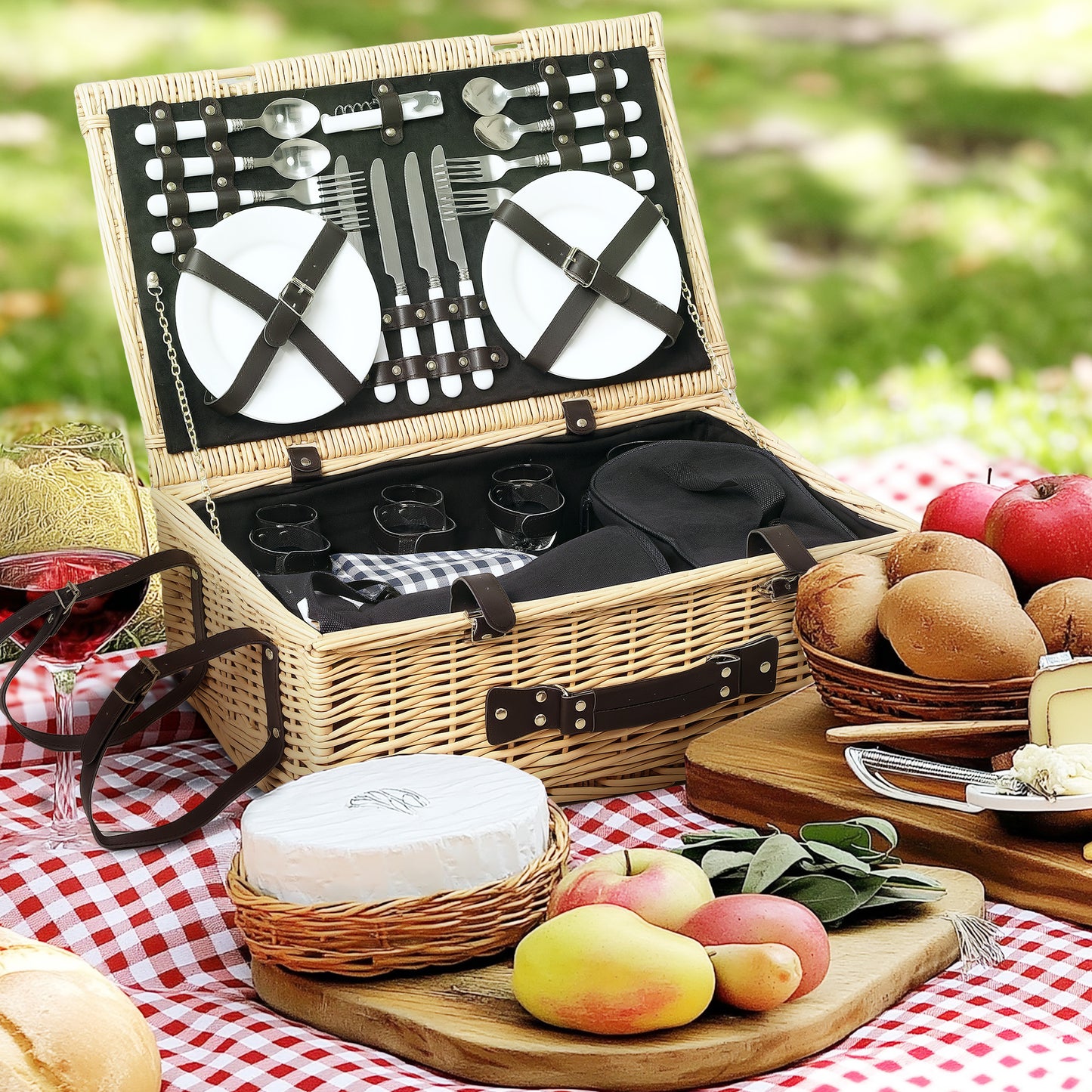 Picknickmand – Picknicktas – Picknickset – Picknickkoffer – Picknickmand Zwart – Geïsoleerd Koelvak – Compleet Bestek Voor 4 Personen