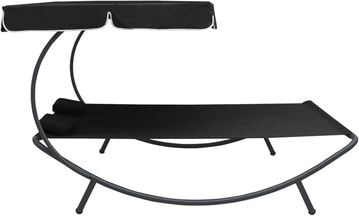 Gecheer Outdoor Sun Lounger with Awning and Cushion Black Outdoor Sunbathing Beach Lounger Relaxation Camping Balcony Pool - QUORE