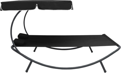 Gecheer Outdoor Sun Lounger with Awning and Cushion Black Outdoor Sunbathing Beach Lounger Relaxation Camping Balcony Pool - QUORE