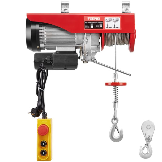 TEENO Elektrische takel 1450 W, overbelasting, elektrische lier, 220 V, 20 m, enkele en dubbele ophanging 400 kg/800 kg, 6 m/min, 12 m/min, rood (400 kg/800 kg)