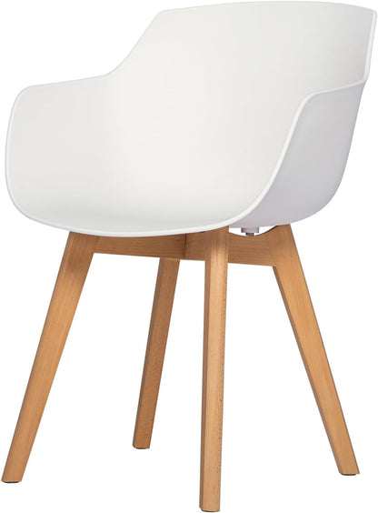 EGGREE Set van 4 eetkamerstoelen met poten van massief beukenhout, retro design, keukenstoelen van hout, wit, woonkamerstoel met armleuningen