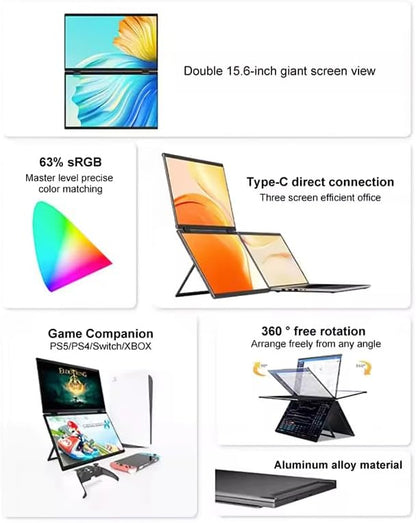 Lipa HDR-72 Dual Portable monitor Full HD - Foldable folding screen - Display - Ultrawide monitor - 2x 15.6 inch - Tri-screen- Triple monitor - 60 Hz - HDR and IPS - QUORE