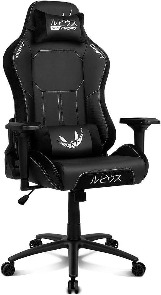 DRIFT GAMING Chair „elRubius” -DR250RU - Officiële elRubius gamingstoel, vlindermechanisme, liggende rug, kunstleer, suède afwerking, 4D-armleuningen, nek- en lendenkussen,74.5 x 129-138 x 56 cm (W x H x D) Zwart/Wit,Zwart/Wit