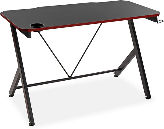 Versa Pablo Computer Bureau Tafel, Slaapkamer of Studie Tafel. Gaming tafel, Helm- en drankhouder, Afmetingen (H x B x H) 76 x 60 x 120 cm, Hout en Metaal, Kleur Zwart en rood