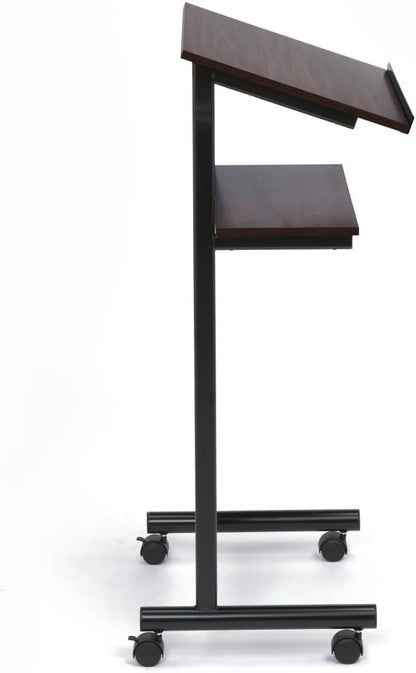 Audio-Visual Direct Lessenaar Podium op wielen - sta-bureau met opbergplank - kers/zwart - ideaal voor presentaties en laptopgebruik