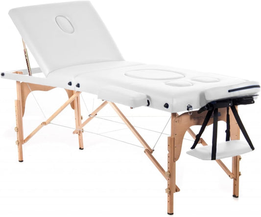 QUIRUMED Pregnancy Massage Chair, Foldable, 194 x 70 cm, White, Wood, Faux Leather, Belly Hole, Face Hole, Removable Head, Up to 150 kg - QUORE