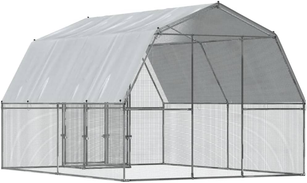 Chicken Cage with Roof and Door Silver Galvanized Steel,Walk In Chicken Run Galvanized Chicken Coop Chicken Coop Chicken Coop Cage Rabbit Hutch Pet Playpen Backyard With Water Resistant Cover