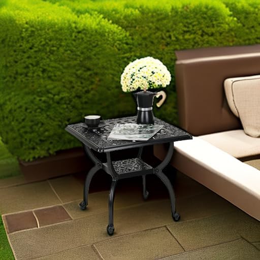 JARDIN DE CENTENNIAL Cast Aluminium Outdoor Side Table, Anti-Rust, Outdoor End Table, Patio, Coffee Bistro Table for Indoor, Garden, Porch, Balcony (Square Black) - QUORE