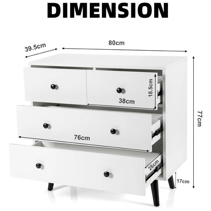 Houten Ladekast – Ladekasten – Opbergkast – Nachtkastje – Ladenkast – Wit – 4 Lades in 2 Maten – Kantelbeveiliging – Metalen Bovenplaat tot 50 kg