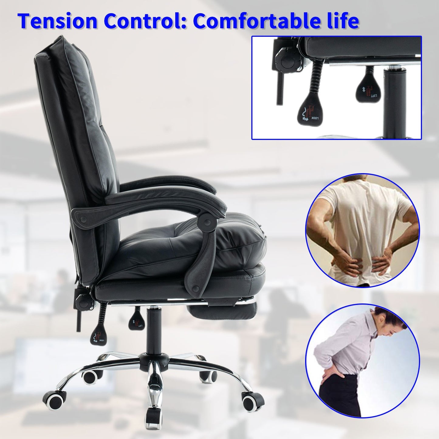 Bureaustoel – Office Chair – Draaistoel – Kantoorstoel – Gamestoel – Hoogte Verstelbaar – PU Leer Met Lendensteun - Zwart