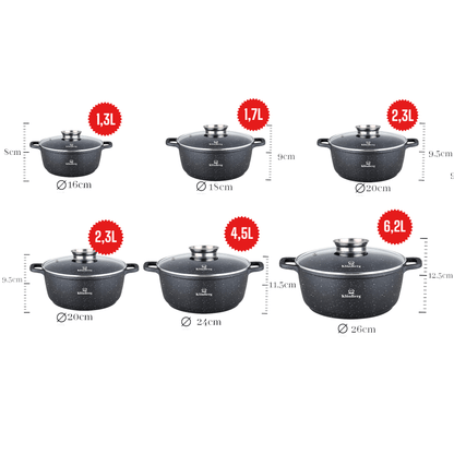 12-delige Pottenset – Kookpot – Braadpan – Stoofpot – Steelpan – Marmeren Coating – Geschikt Voor Alle Kookplaten – Inductie – PFOA-vrij – Antiaanbaklaag