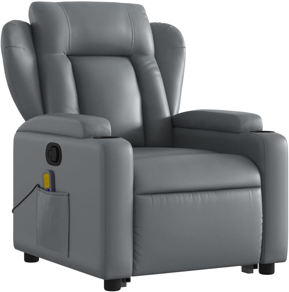 Massagestoel Met Opstahulp – Relaxstoel – Opstastoel – Tv-Stoel – Verstelbare Fauteuil – Grijs Kunstleer – Elektrische Opstahulp – 6-Punts Vibratiemassage