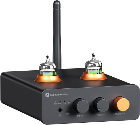 Fosi Audio GR40 Buizen Voorversterker met DAC, Hoofdtelefoonversterker 3,5 mm voor Actieve Luidsprekers/Koptelefoons, Digitaal naar Analoog Audioconverter voorversterker met Bluetooth en USB/OPT/COAX