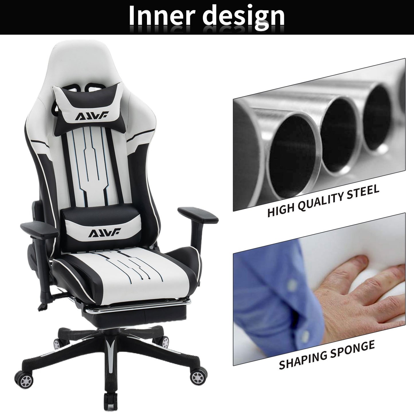 Gamingstoel – Gamestoel – Gaming Chair – Bureaustoel – Game Stoel – Ergonomisch Ontwerp – Verstelbare Lendensteun & Voetensteun – Draaibaar – Wit/Zwart