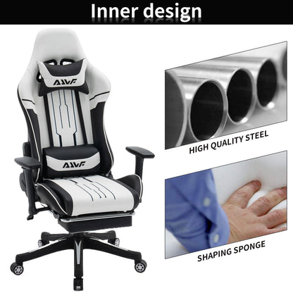 Gamingstoel – Gamestoel – Gaming Chair – Bureaustoel – Game Stoel – Ergonomisch Ontwerp – Verstelbare Lendensteun & Voetensteun – Draaibaar – Wit/Zwart