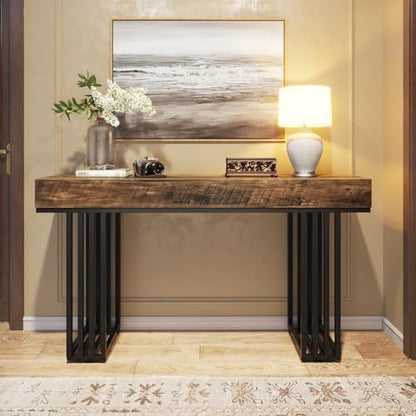 Tribesigns 140cm Console Table for Entrance, Industrial Hallway Table with Stylish Metal Frame, Sofa Foyer Table for Living Room, Entrance, Brown and Black.