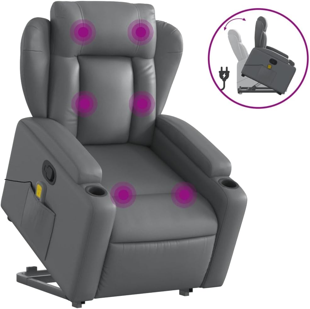 Massagestoel Met Opstahulp – Relaxstoel – Opstastoel – Tv-Stoel – Verstelbare Fauteuil – Grijs Kunstleer – Elektrische Opstahulp – 6-Punts Vibratiemassage