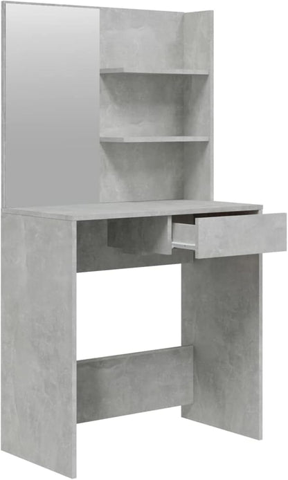 Make-uptafel met spiegel – Kaptafel – Schoonheidstafel – Make-up bureau – Dressing tafel – Stevig multiplex – Ruime opbergruimte – Beton grijs – 74,5x40x141 cm