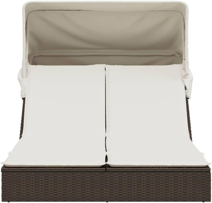 Double lounger with retractable canopy and brown PE rattan cushion for outdoor use, backrest adjustable, 2 positions, removable cushion, material resistant to - QUORE