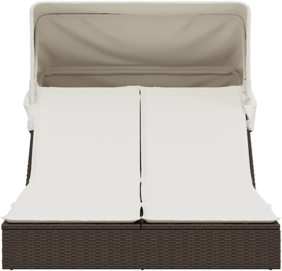 Outdoor Sun Lounger with Retractable Sun Canopy and Washable Cushion, Adjustable Backrest in 2 Positions, PE Rattan Garden Bed, Waterproof, for Patio, Courtyard - QUORE