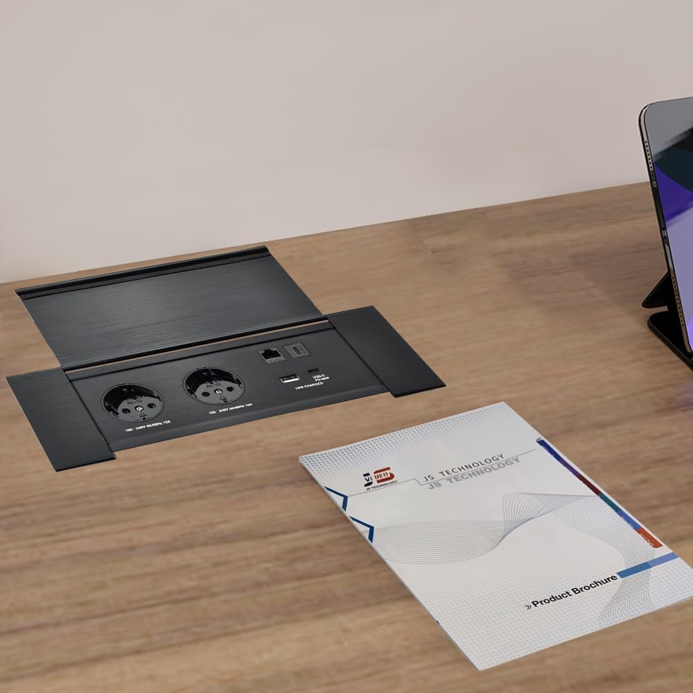 Connectiviteits-box, conferentietafel, power box met 2 stopcontacten + 1 USB-A en type C-oplader + 1 CAT6+ 1 HDMI/USB-C data (zwart) (flip up)