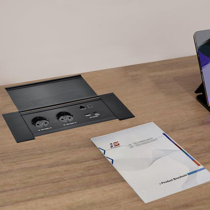 Connectiviteits-box, conferentietafel, power box met 2 stopcontacten + 1 USB-A en type C-oplader + 1 CAT6+ 1 HDMI/USB-C data (zwart) (flip up)