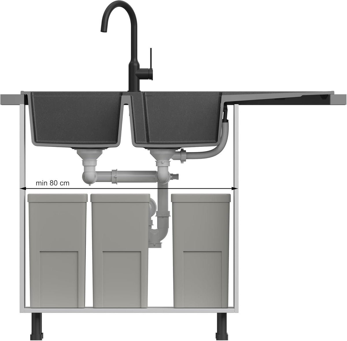 QUADRON Dubbele spoelbak wit, EVAN 121 GraniteQ, keukenspoelbak, 2 granieten bakken 1160 x 500 x 210 mm, open spoelbak Push 2 met sifon met afdruiprek, PVD-koperen elementen