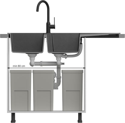 QUADRON Dubbele spoelbak wit, EVAN 121 GraniteQ, keukenspoelbak, 2 granieten bakken 1160 x 500 x 210 mm, open spoelbak Push 2 met sifon met afdruiprek, PVD-koperen elementen